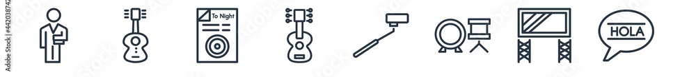 linear set of music outline icons. line vector icons such as hotel receptionist, spanish guitar, gramophone record, vynil, cinema microphone, spanish vector illustration. linear set of music outline icons. line vector icons such as hotel receptionist, spanish guitar, gramophone record, vynil, cinema microphone, spanish vector illustration.