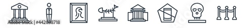 linear set of museum outline icons. line vector icons such as antic architecture, security guard, pop art, fishbone, buffalo, fencing vector illustration.