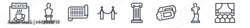linear set of museum outline icons. line vector icons such as cafe, bust, paper scroll, museum fencing, antique column, cinema vector illustration.