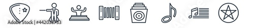 linear set of music outline icons. line vector icons such as mp3 player with headphones, orchestra director with stick, party dj, accordionist, vinyls, pentagram vector illustration.