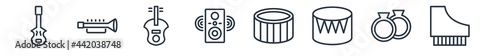 linear set of music outline icons. line vector icons such as double bass, cornet, viola, sound system, snare drum, harpsichord vector illustration.