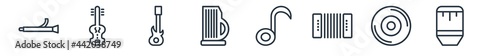 linear set of music outline icons. line vector icons such as bassoon, violoncello, bass guitar, zither, melody, bongo vector illustration.
