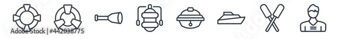 linear set of nautical outline icons. line vector icons such as lifesaver, life preserver, nautical monocular, oxygen tank, sailor cap, sailor vector illustration.