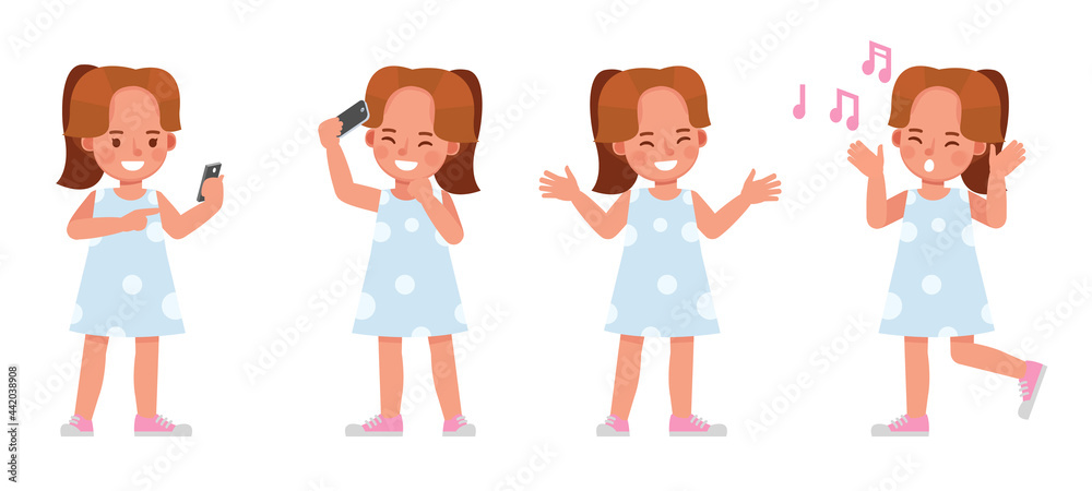 Set of children character vector design. Girl wear blue dress. Presentation in various action with emotions. kids singing and playing mobile phone. Set of children character vector design. Girl wear blue dress. Presentation in various action with emotions. kids singing and playing mobile phone.