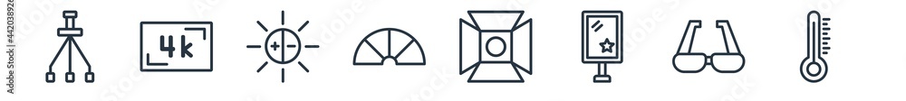 linear set of photography outline icons. line vector icons such as tripod, resolution, exposure, metering, spotlight, temperatures vector illustration.