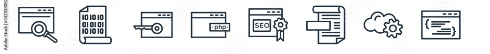 linear set of programming outline icons. line vector icons such as code review, binary file, encripted file, php, seo reputation, code listing vector illustration. linear set of programming outline icons. line vector icons such as code review, binary file, encripted file, php, seo reputation, code listing vector illustration.