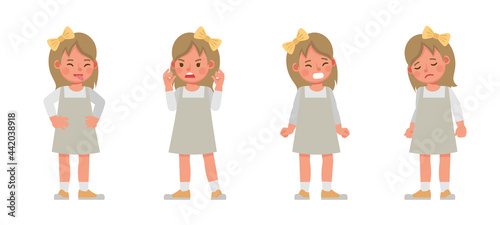 Fototapeta Naklejka Na Ścianę i Meble -  Set of children character vector design. Girl wear grey dress and sad. Presentation in various action with emotions.