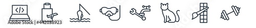 linear set of people skills outline icons. line vector icons such as programmer, traveler, fisher, diving mask, plumber, body building vector illustration.