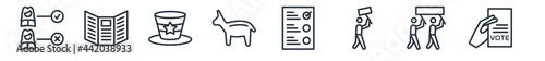 linear set of political outline icons. line vector icons such as election, leaflet, uncle sam hat, donkey americal political, vote, hand holding vote paper vector illustration.