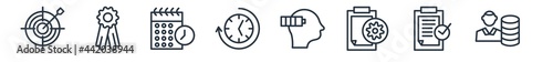 linear set of productivity outline icons. line vector icons such as bullseye with target, premium, calendar with deadlines, time passing, mind charge, man and dollar coin vector illustration.
