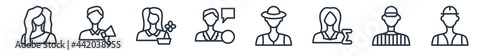 linear set of professions outline icons. line vector icons such as model, marketing manager, florist, financial advisor, fisherman, civil engineer vector illustration.