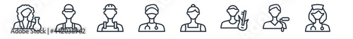 linear set of professions outline icons. line vector icons such as scientist, mechanic, wind turbine technician, podiatrist, maid, physician assistant vector illustration.