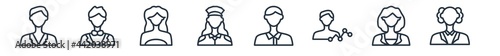linear set of professions outline icons. line vector icons such as director, showman, obstetrician and gynecologist, policewoman, computer systems analyst, chemist vector illustration.