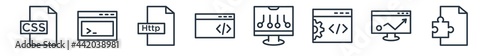linear set of programming outline icons. line vector icons such as css file format, code terminal, http, theme, computing, addon vector illustration.