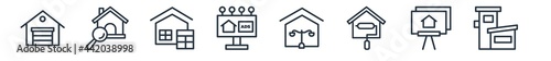linear set of real estate outline icons. line vector icons such as storehouse, property, calculate, advertisement, juridical, duplex vector illustration.