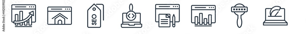 linear set of seo & web outline icons. line vector icons such as null, home page, tags, seo and web, content, speed vector illustration. linear set of seo & web outline icons. line vector icons such as null, home page, tags, seo and web, content, speed vector illustration.