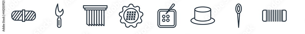 linear set of sew outline icons. line vector icons such as yarn, seam ripper, pleat, stiching, needlepoint, coil vector illustration. linear set of sew outline icons. line vector icons such as yarn, seam ripper, pleat, stiching, needlepoint, coil vector illustration.