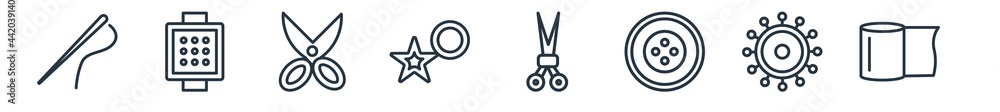 linear set of sew outline icons. line vector icons such as needles, arras, cutting tool, sewing marker, sewing scissors, fabric vector illustration. linear set of sew outline icons. line vector icons such as needles, arras, cutting tool, sewing marker, sewing scissors, fabric vector illustration.