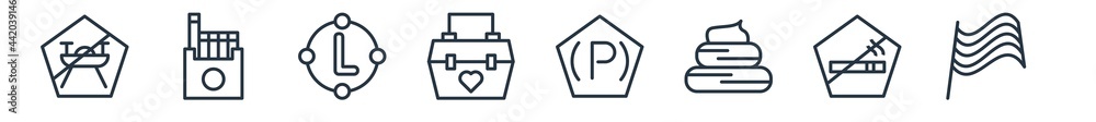 linear set of signaling outline icons. line vector icons such as no drone zone, cigarettes, letter b, organ container, parking brake, pit stop vector illustration.