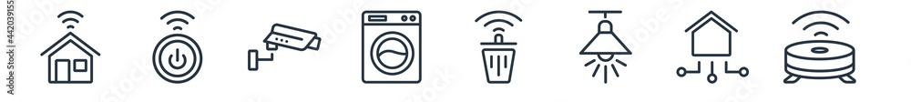 linear set of smart home outline icons. line vector icons such as alarm system, smart switch, surveillance, washer machine, smart trash, robot vacuum cleaner vector illustration. linear set of smart home outline icons. line vector icons such as alarm system, smart switch, surveillance, washer machine, smart trash, robot vacuum cleaner vector illustration.