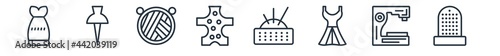 linear set of sew outline icons. line vector icons such as clothing, pins, ball of wool, leather, pin cushion, sewing thimble vector illustration.