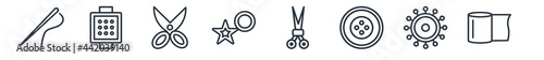 linear set of sew outline icons. line vector icons such as needles, arras, cutting tool, sewing marker, sewing scissors, fabric vector illustration.