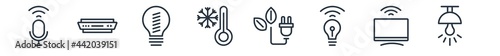 linear set of smart home outline icons. line vector icons such as voice control, cd player, lightbulb, freeze, zero emission, illumination vector illustration.