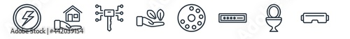 linear set of smart home outline icons. line vector icons such as power, household, smart key, eco friendly, dial, vr technology vector illustration.