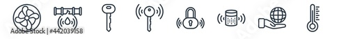 linear set of smart house outline icons. line vector icons such as fan, leak, door key, smart lock, security system, thermostat vector illustration.