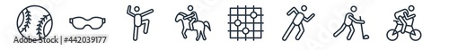 linear set of sport outline icons. line vector icons such as softball, sport goggles, kung fu, equestrianism, go game, cycling vector illustration.