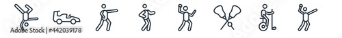 linear set of sport outline icons. line vector icons such as artistic gymnastics, formula racing, aikido, racewalking, dodgeball, handball vector illustration.