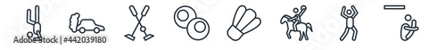 linear set of sport outline icons. line vector icons such as tumbling, drifting, polo sport, snooker, shuttlecock, diving sport vector illustration.