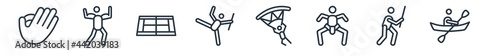 linear set of sport outline icons. line vector icons such as baseball glove, bodybuilding, tennis court, baton twirling, paragliding, canoe sport vector illustration.