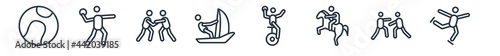 linear set of sport outline icons. line vector icons such as tennis ball, discus throw, judo, sailboat sport, unicycling handball, figure skating vector illustration.