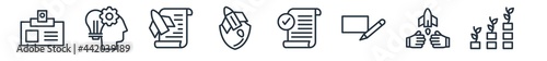 linear set of startup stategy and outline icons. line vector icons such as identity, humanpictos, resources, startup shield, accept, grow vector illustration. photo