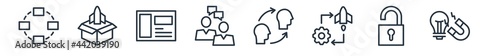 linear set of startup stategy and outline icons. line vector icons such as procedure, new product, sway, discussion, attitude, idea magnet vector illustration.