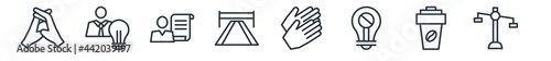 linear set of startup stategy and outline icons. line vector icons such as rivalry, entrepreneur, businessman and strategy, finish line, clap, comparison vector illustration.