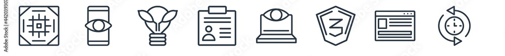 linear set of technology outline icons. line vector icons such as pixels per inch, impressions, organic, user persona, retina display, uptime and downtime vector illustration. linear set of technology outline icons. line vector icons such as pixels per inch, impressions, organic, user persona, retina display, uptime and downtime vector illustration.