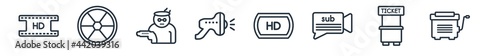linear set of cinema outline icons. line vector icons such as hd movie, camera lens, hitman, loud speaker facing right, hd, cinema hurdy gurdy vector illustration.