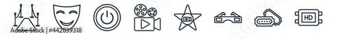 linear set of cinema outline icons. line vector icons such as carpet, smile mask, turn on, old projector, film star, hd vector illustration.