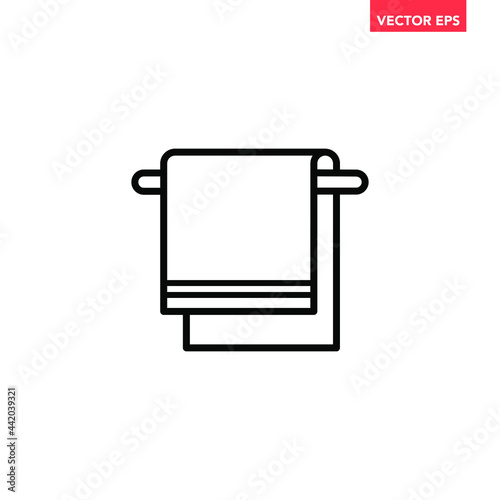 Black single towel with hanger rack line icon, simple laundry flat design vector pictogram, infographic vector for app logo web website button ui ux interface elements isolated on white background