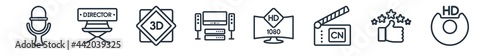 linear set of cinema outline icons. line vector icons such as movie microphone, film director, 3d text, home cinema, 1080p hd tv, hd dvd vector illustration.