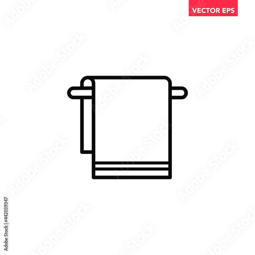 Black single towel with hanger rack line icon, simple laundry flat design vector pictogram, infographic vector for app logo web website button ui ux interface elements isolated on white background