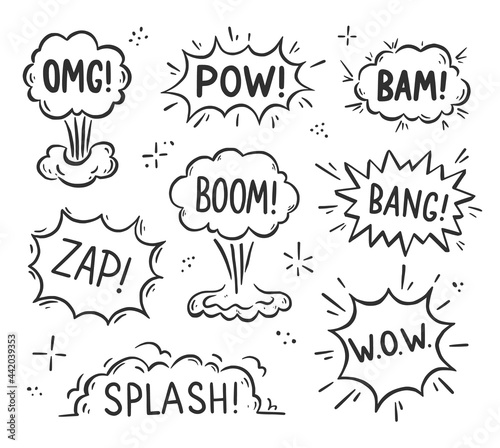 Hand drawn explosion speech bubble  splash smoke element. Comic doodle sketch. Explode speech bubble with pow  boom  omg text. Vector illustration.