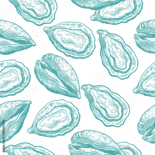  Vintage seamless pattern with oyster shells in engraving sketch hand drawn style Print with mussels elements 