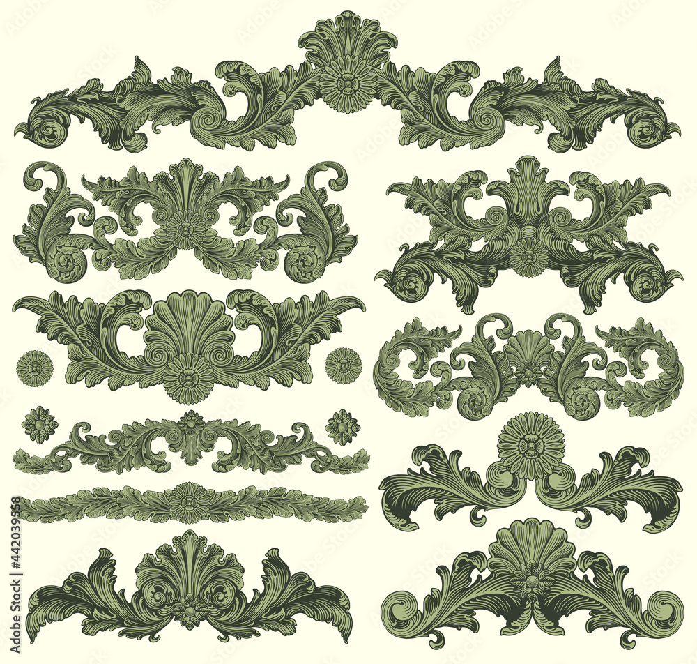 Vintage decorative ornamental elements . Design set. Editable hand drawn illustration. Vector engraving. Isolated on light background. 8 EPS