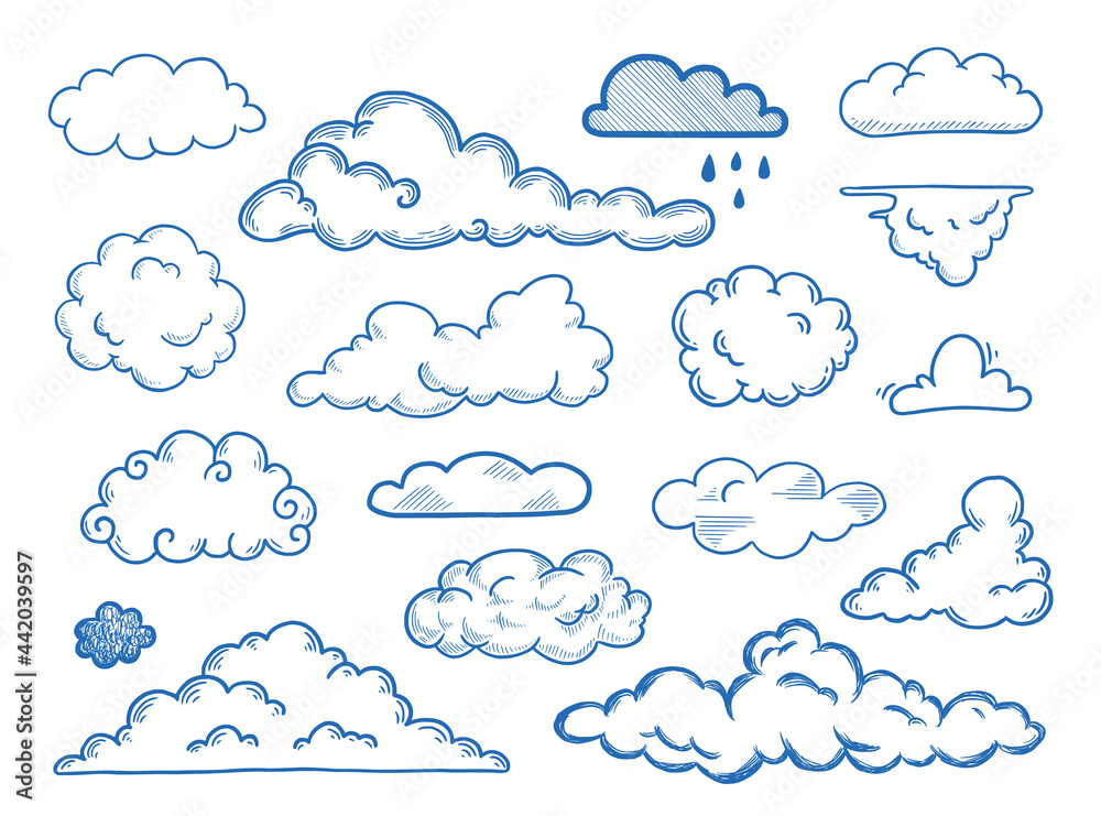 Hand drawn cloud set. Doodle sketch style cloud. Simple outline scribble draw. Vector illustration.