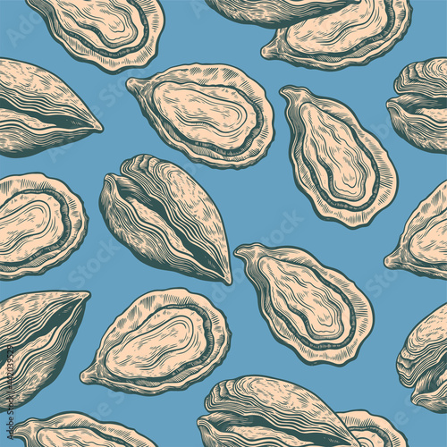  Vintage seamless pattern with oyster shells in engraving sketch hand drawn style Print with mussels elements 
