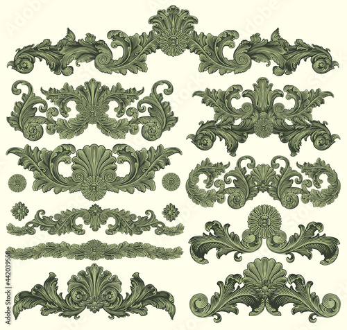 Vintage decorative ornamental elements . Design set. Editable hand drawn illustration. Vector engraving. Isolated on light background. 8 EPS