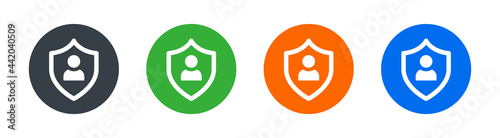 Authentication security, secure confidentiality icon. User on shield for protection symbol vector isolated on white background.